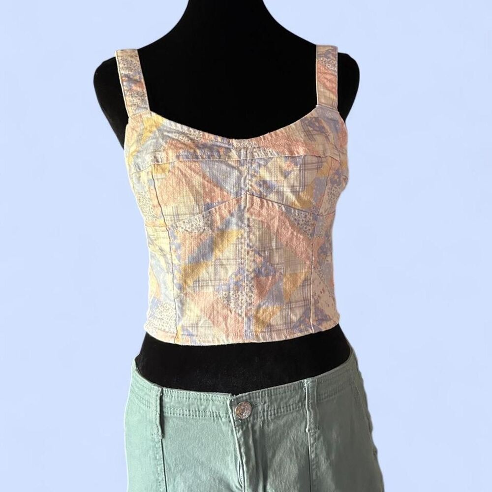 Forever 21 Pastel Paisley Denim Corset Top Size M Zip Back Patchwork Y2K